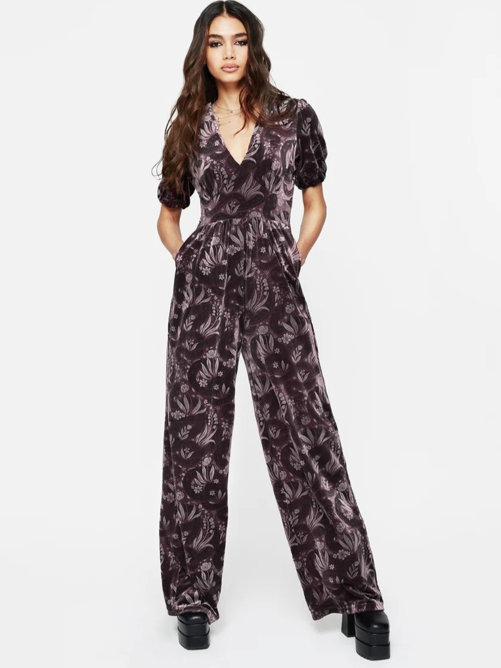 Deception Snake Foil Print Velour Jumpsuit